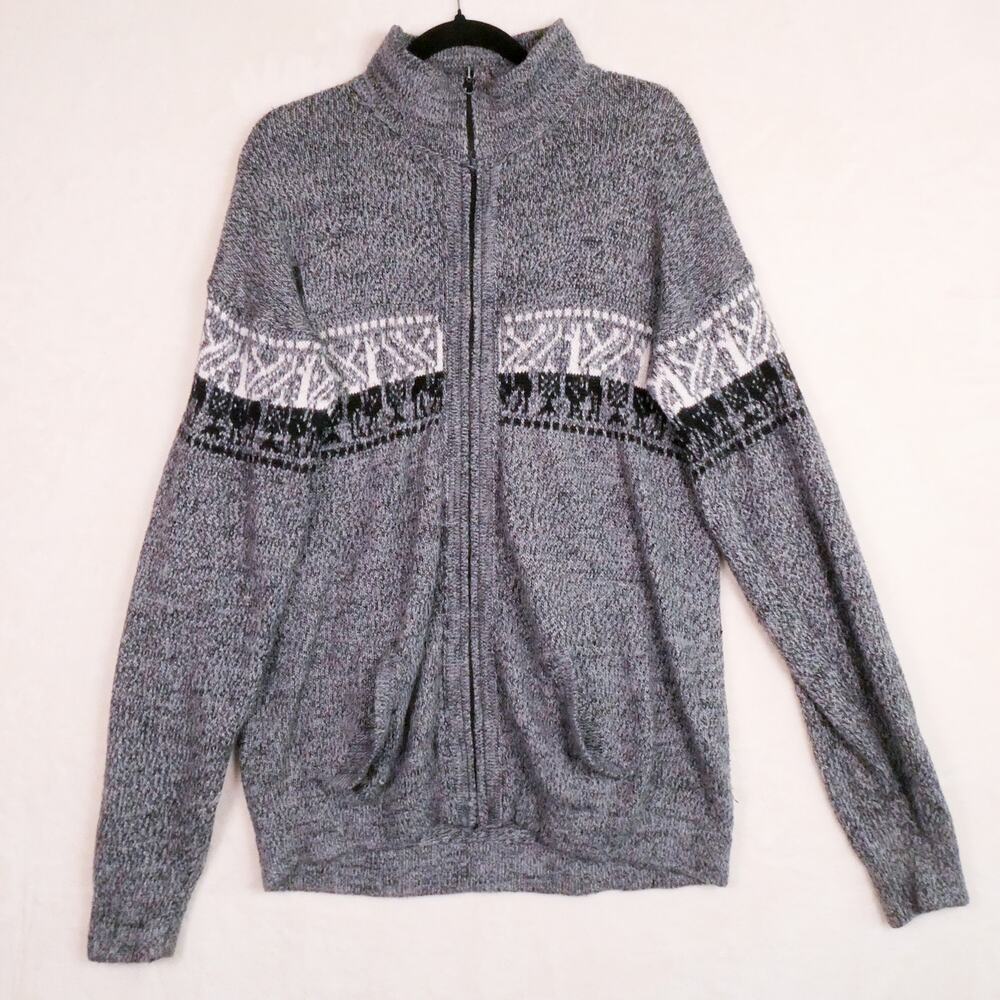 Woolies Hand Knit Wool Sweater Jacket Size L Grey White Black Alpaca Grandpa